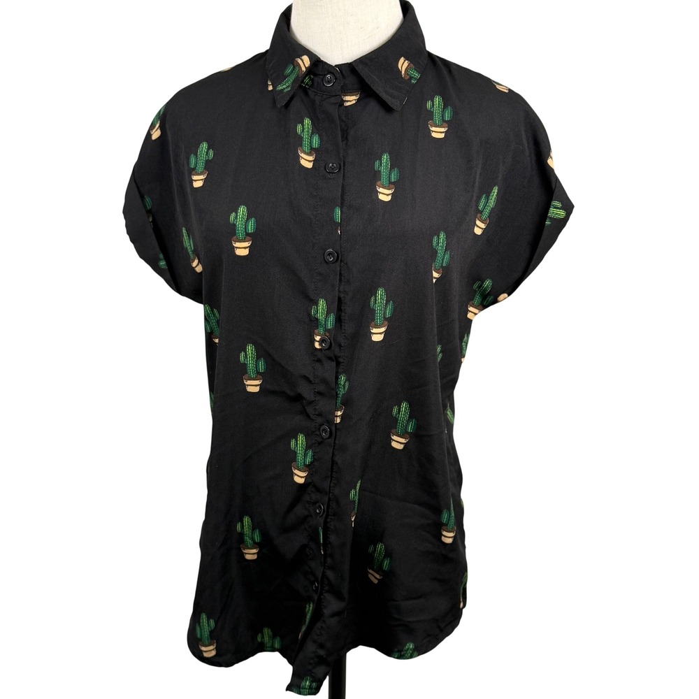 Womens Small Cactus Print Button Down Shirt‎ Black Desert Boho Whimsical